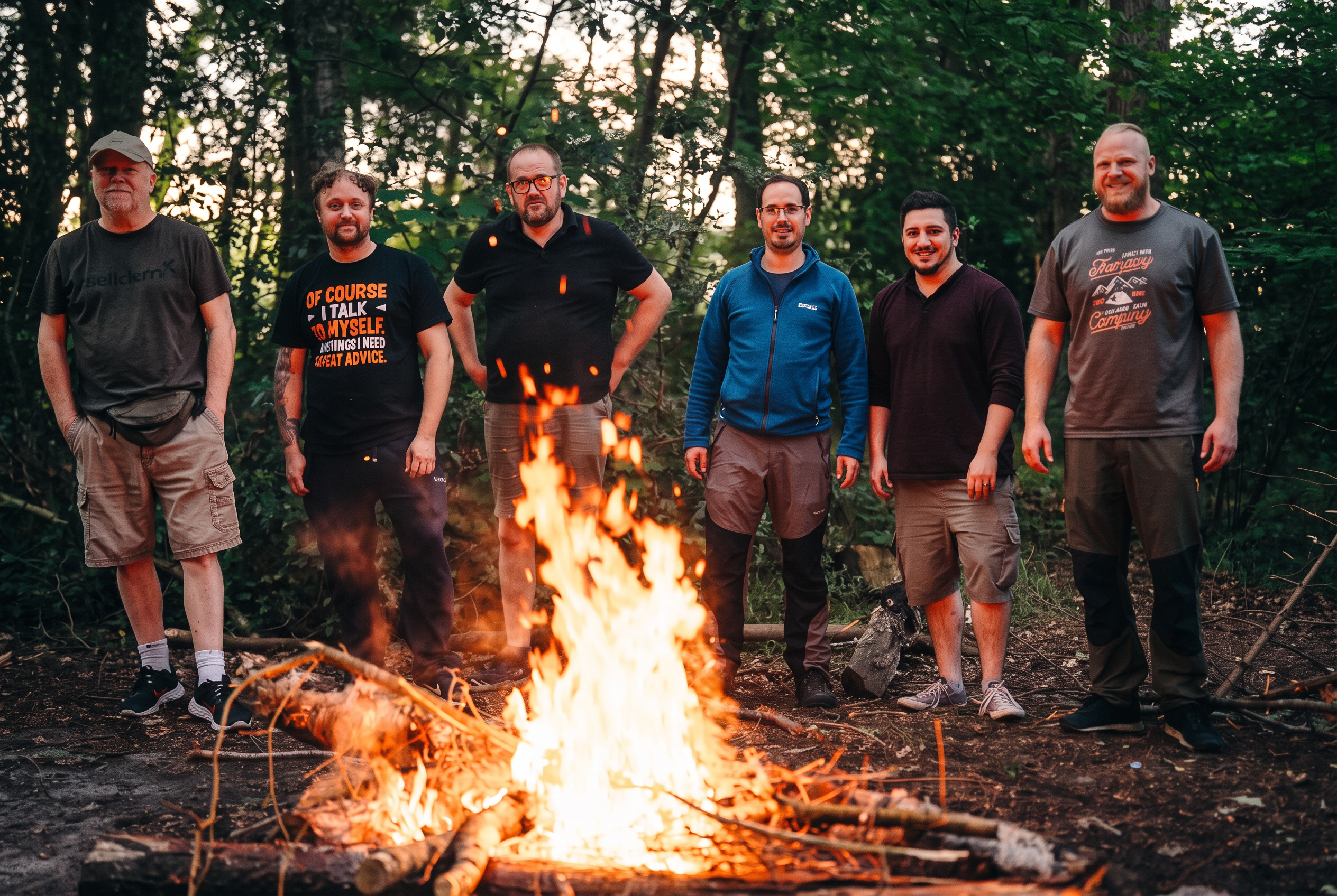 Group around a campfire during a woodland camp